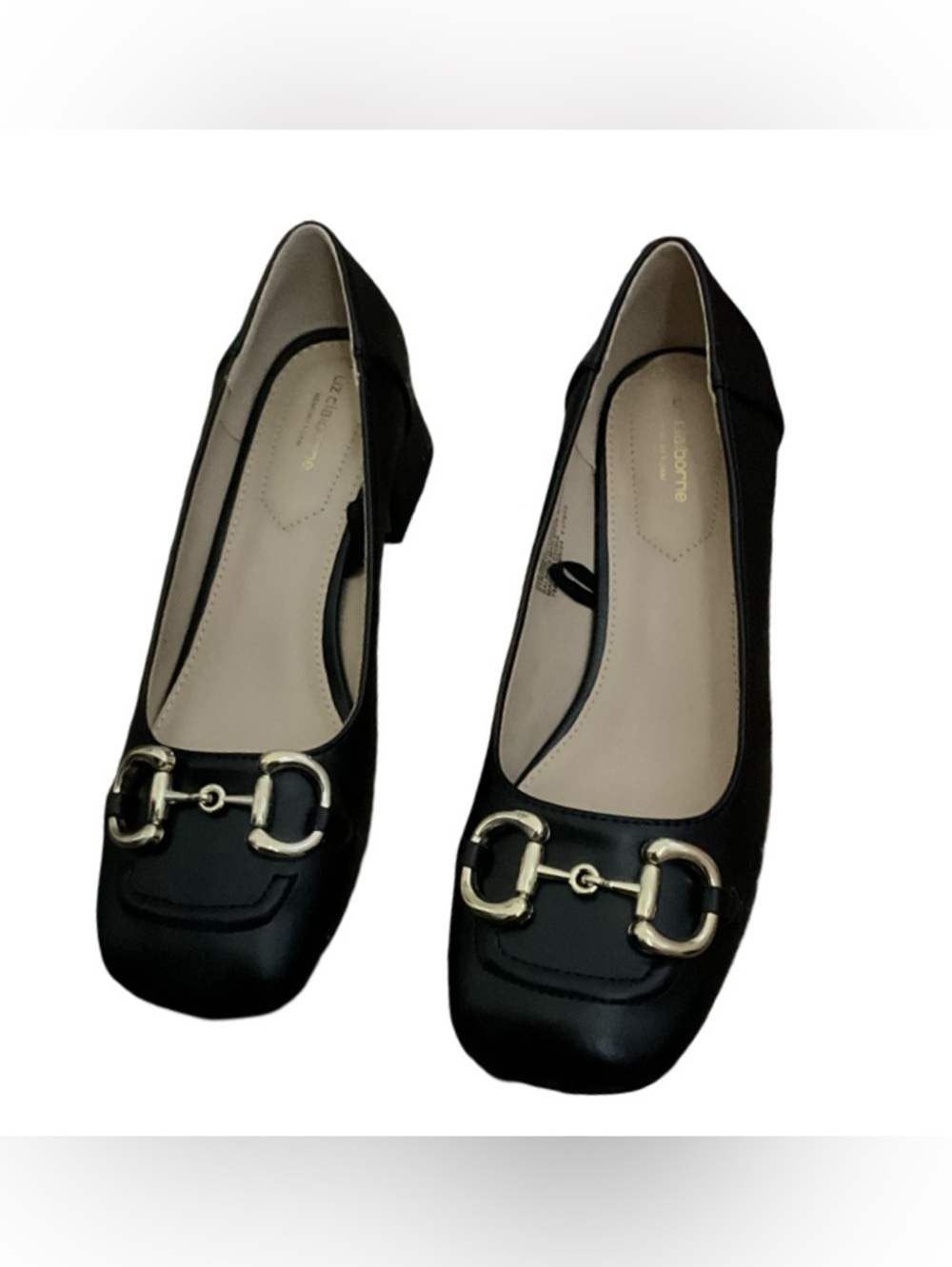 Liz Claiborne Black Square Toe Gold Buckle Block Heel Pumps Size 8